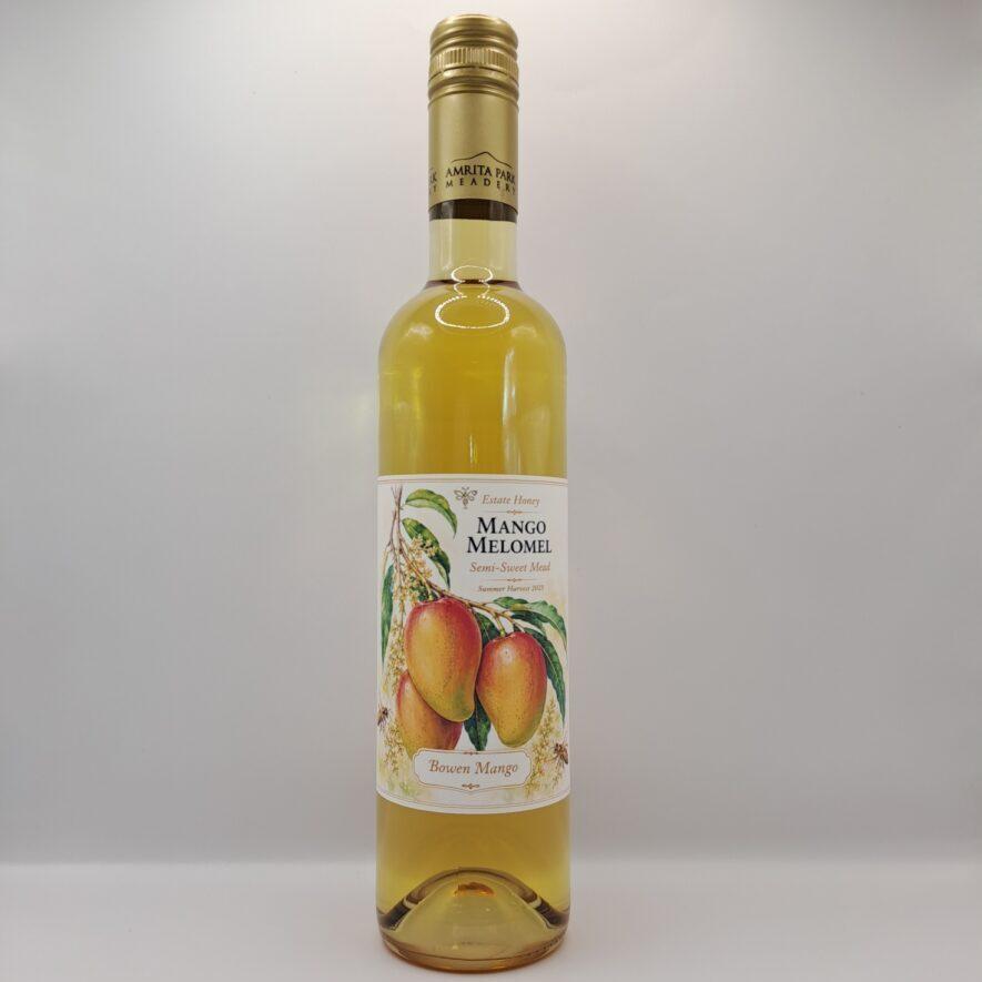 Bottle of Bowen Mango Mead made with macadamia honey and Australian mangoes by Amrita Park Meadery