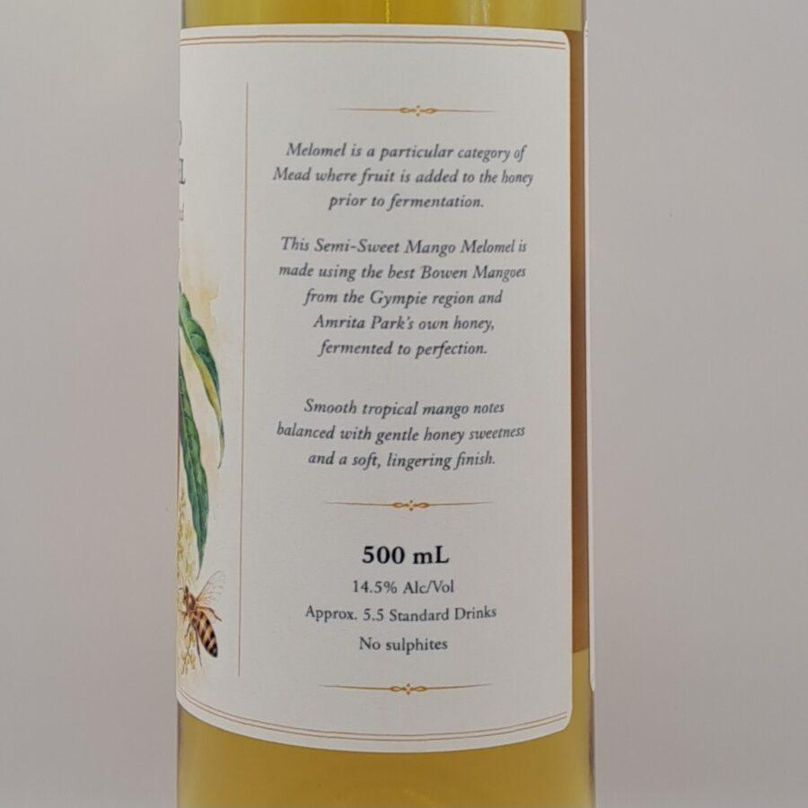 Back label of Bowen Mango Mead showing tasting notes, alcohol content and product information