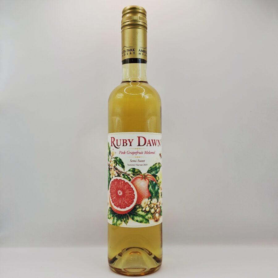 Ruby Dawn Pink Grapefruit Mead bottle by Amrita Park Meadery crafted with Queensland macadamia blossom honey and pink grapefruit.