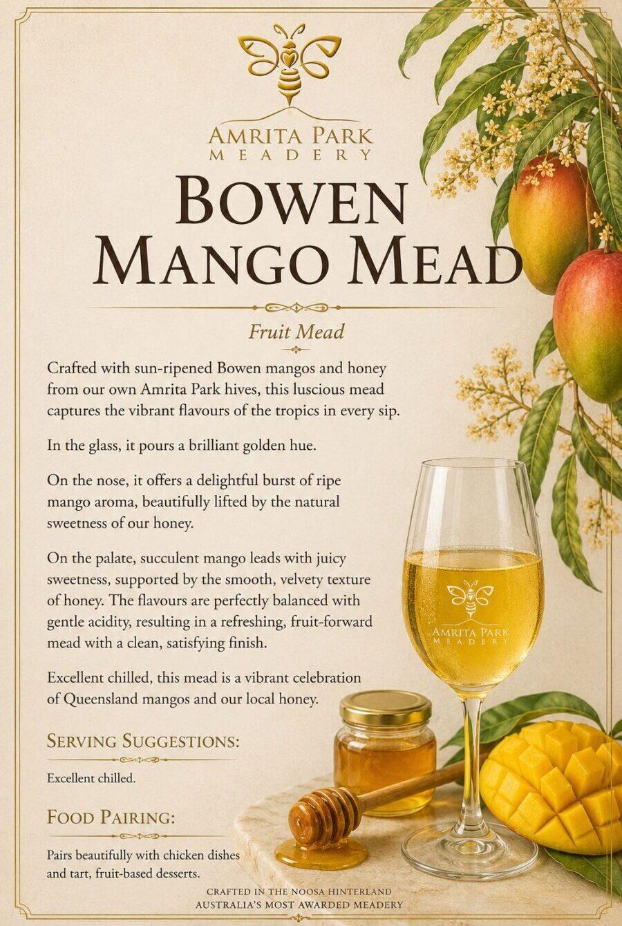 Bowen Mango Mead tasting notes card featuring Amrita Park Meadery honey, Australian Bowen mangoes, serving suggestions and food pairing recommendations.